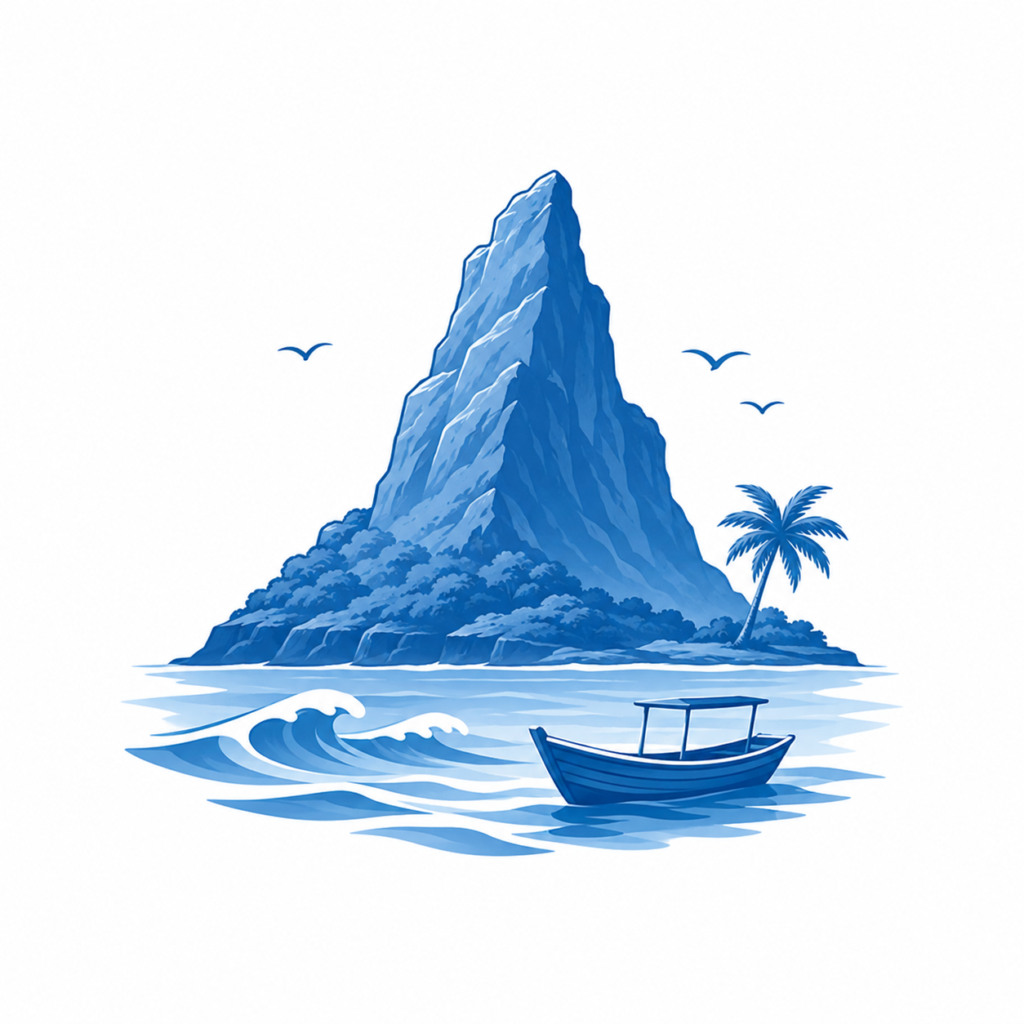 Blue illustration of island mountain and boat