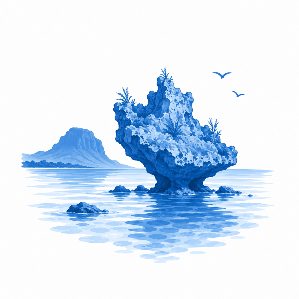 Blue rock island in calm ocean waters
