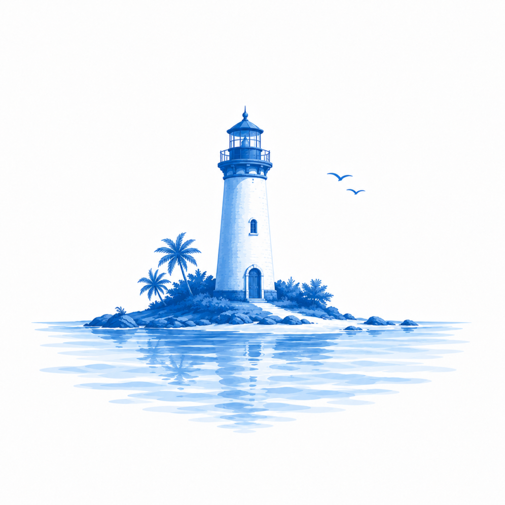 Blue lighthouse on small tropical island