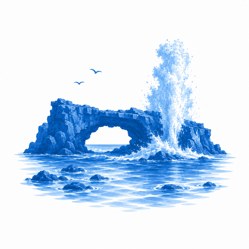 Blue ocean rock arch with crashing wave